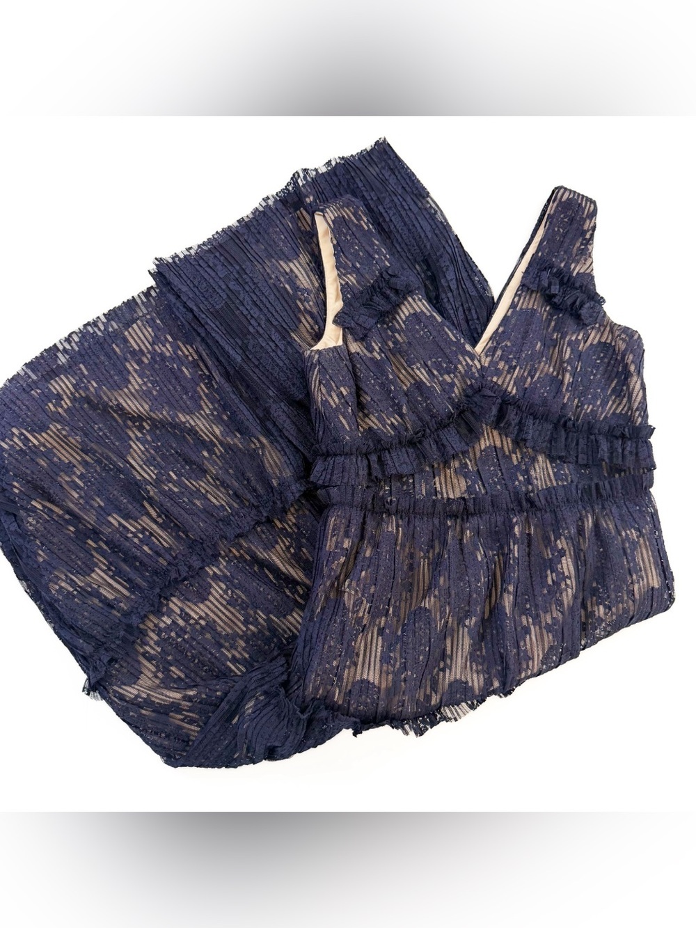 Maggy London Dress Womens 2 Petite Navy Blue Beige Lace Midi V Neck - Picture 8 of 10